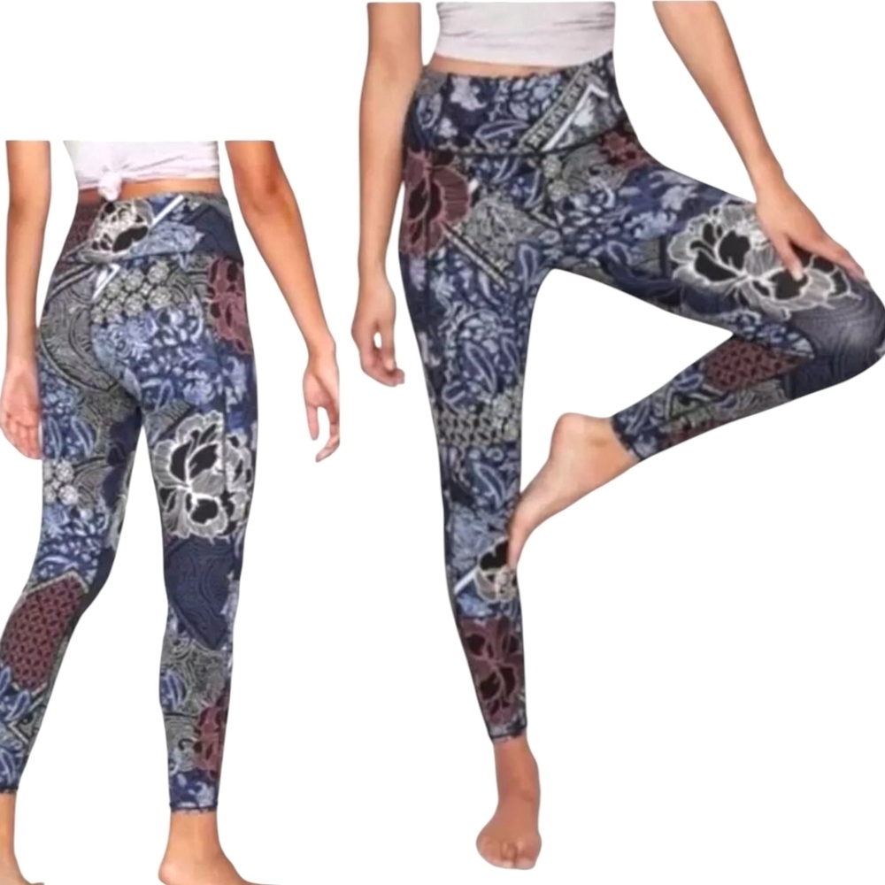 Athleta Patchwork Salutation 7/8 Cropped Leggings Blue Brown - Sz M